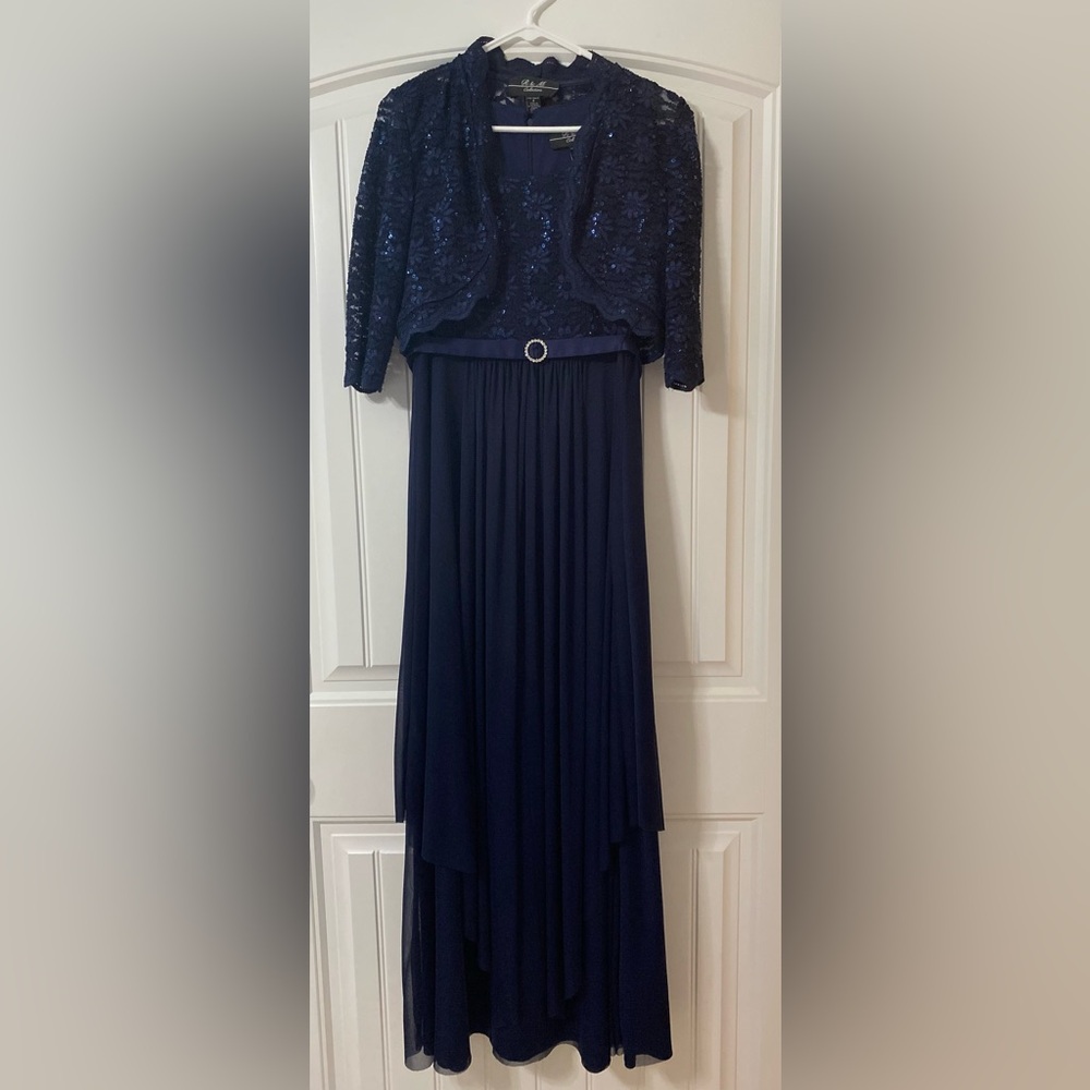 Elegant Navy Blue Dress with Sequin Bolero Perfect for Formal Occasions